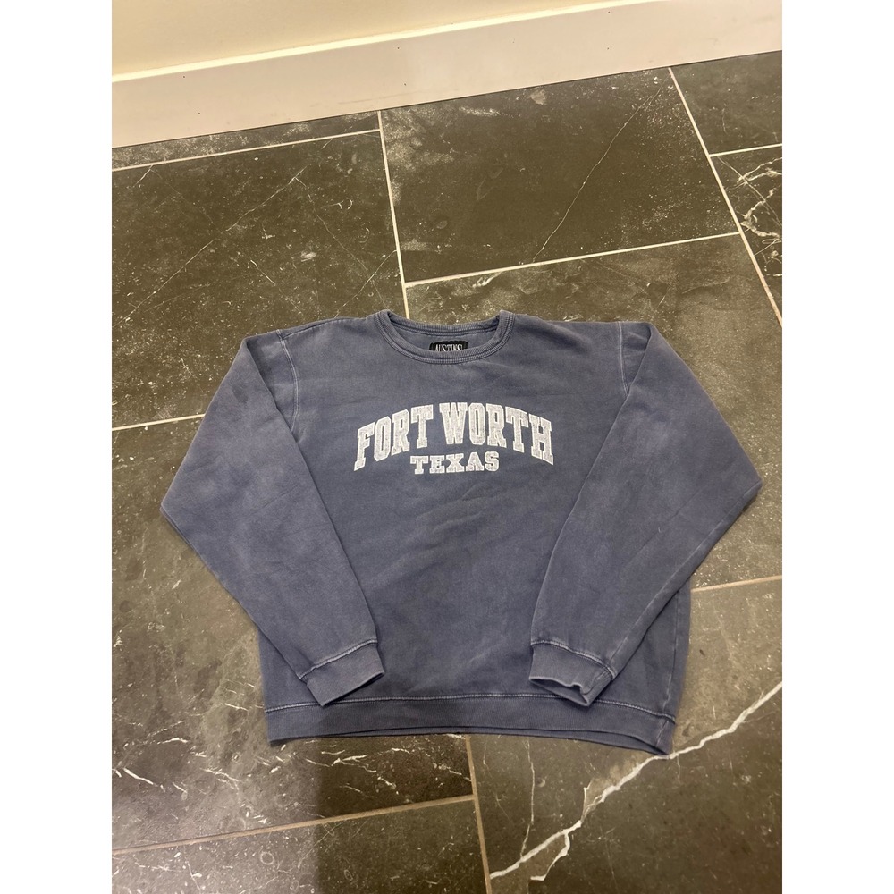 Austins Inc Mens Fort Worth Texas Sweatshirt Navy Blue Vintage Wash Large